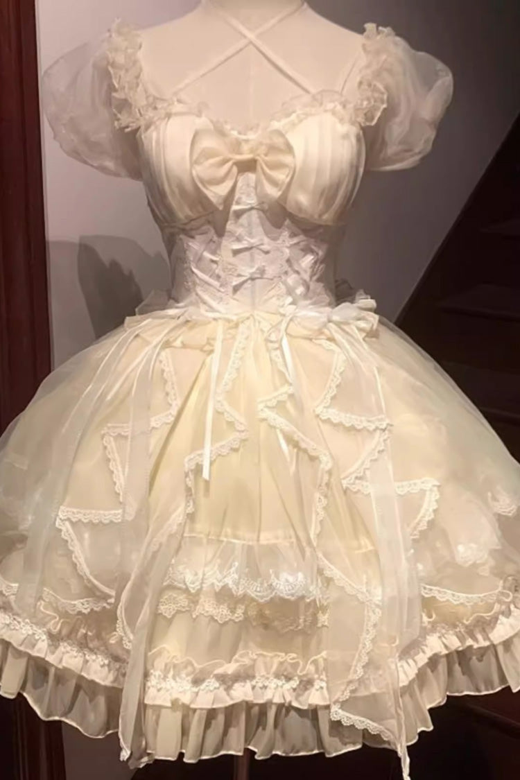 Sweet Lolita OP Dress - Glaze Fantasy, 6 Colors, Embroidered, Bow Detail, Ruffled - S Ivory / M Ivory / L Ivory option