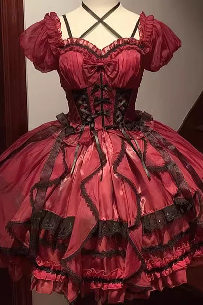 Sweet Lolita OP Dress - Glaze Fantasy, 6 Colors, Embroidered, Bow Detail, Ruffled - S Red / M Red / L Red option