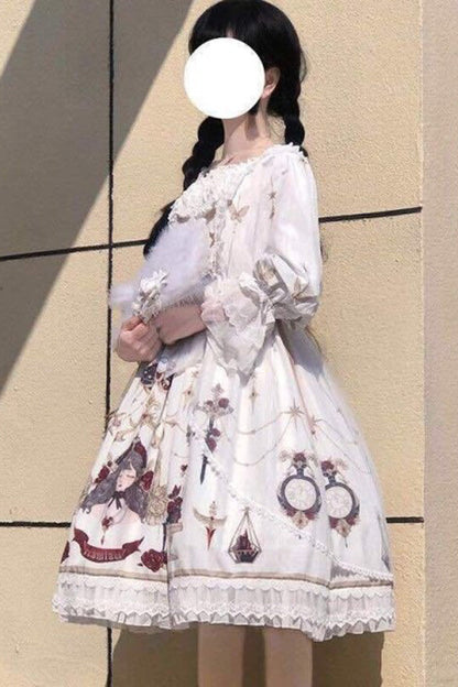 Sweet Lolita OP Dress - Lace Ruffled Princess Print, White, Printed, Lace Trim - additional product view 2