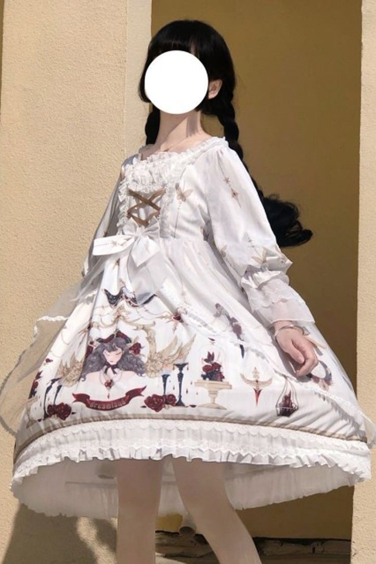 Sweet Lolita OP Dress - Lace Ruffled Princess Print, White, Printed, Lace Trim - additional product view 3