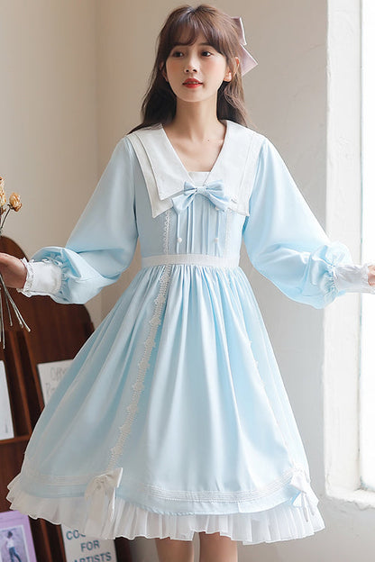 Sweet Lolita OP Dress - Lapel Collar Lantern Sleeves, 2 Colors, High Waist, Bow Detail - additional product view 2