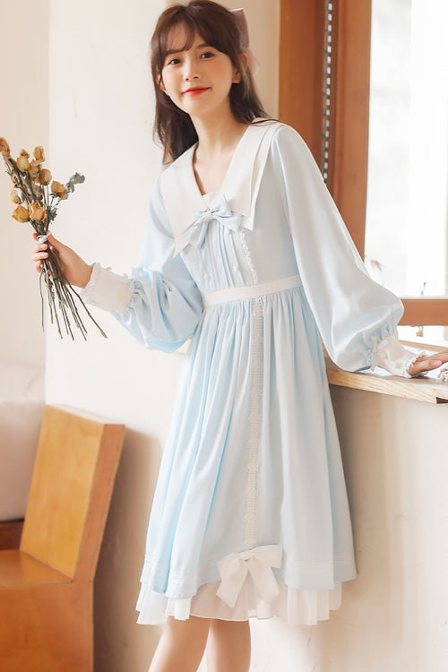 Sweet Lolita OP Dress - Lapel Collar Lantern Sleeves, 2 Colors, High Waist, Bow Detail - additional product view 3