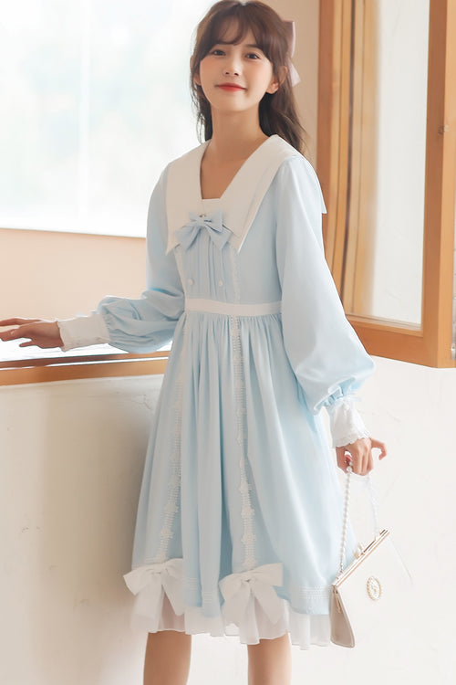Sweet Lolita OP Dress - Lapel Collar Lantern Sleeves, 2 Colors, High Waist, Bow Detail - additional product view 4