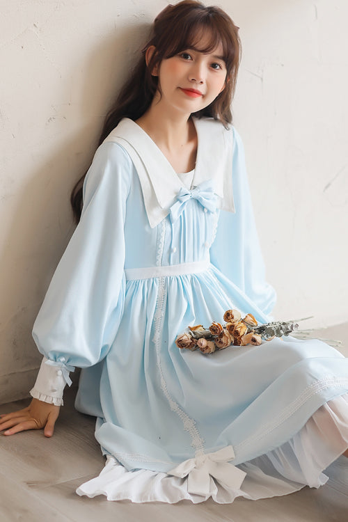 Sweet Lolita OP Dress - Lapel Collar Lantern Sleeves, 2 Colors, High Waist, Bow Detail - additional product view 5