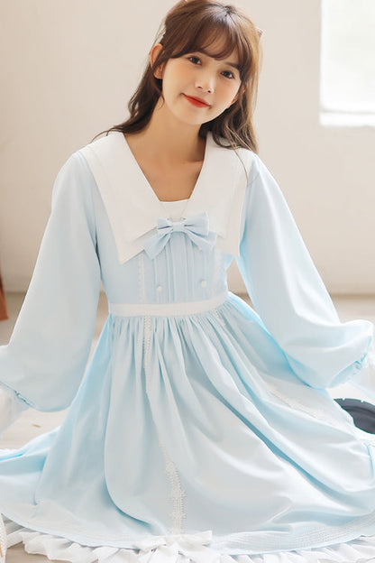 Sweet Lolita OP Dress - Lapel Collar Lantern Sleeves, 2 Colors, High Waist, Bow Detail - additional product view 6