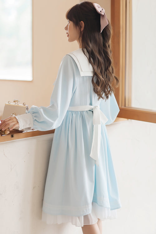 Sweet Lolita OP Dress - Lapel Collar Lantern Sleeves, 2 Colors, High Waist, Bow Detail - additional product view 7