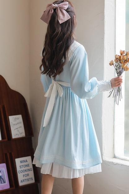 Sweet Lolita OP Dress - Lapel Collar Lantern Sleeves, 2 Colors, High Waist, Bow Detail - additional product view 8