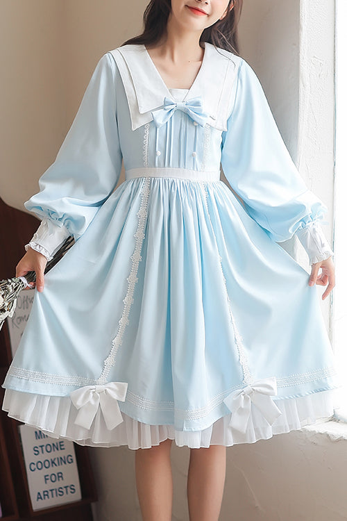 Sweet Lolita OP Dress - Lapel Collar Lantern Sleeves, 2 Colors, High Waist, Bow Detail - main product image