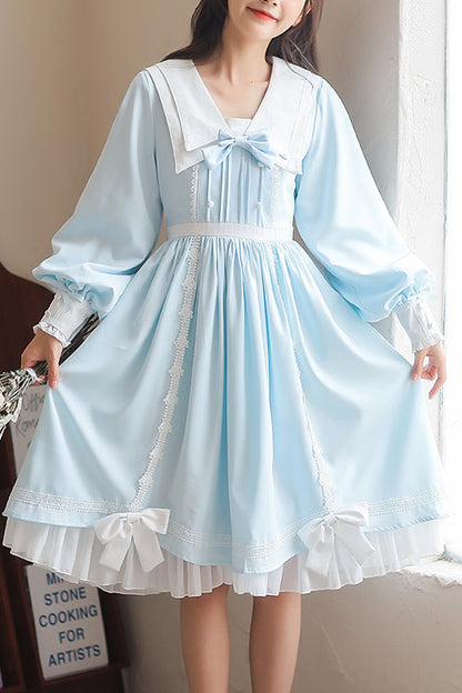 Sweet Lolita OP Dress - Lapel Collar Lantern Sleeves, 2 Colors, High Waist, Bow Detail - main product image