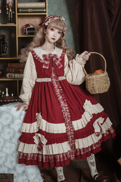 Sweet Lolita OP Dress - Little Red Riding Hood Lapel, Red, High Waist, Ruffled, Bow Detail - additional product view 2
