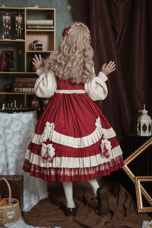 Sweet Lolita OP Dress - Little Red Riding Hood Lapel, Red, High Waist, Ruffled, Bow Detail - additional product view 3
