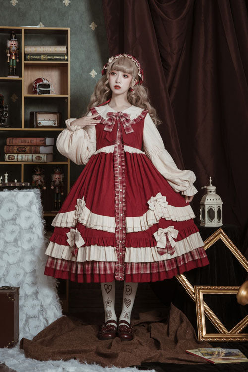 Sweet Lolita OP Dress - Little Red Riding Hood Lapel, Red, High Waist, Ruffled, Bow Detail - additional product view 4