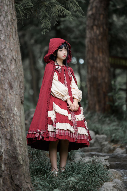 Sweet Lolita OP Dress - Little Red Riding Hood Lapel, Red, High Waist, Ruffled, Bow Detail - additional product view 5