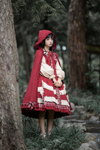 Sweet Lolita OP Dress - Little Red Riding Hood Lapel, Red, High Waist, Ruffled, Bow Detail - additional product view 5