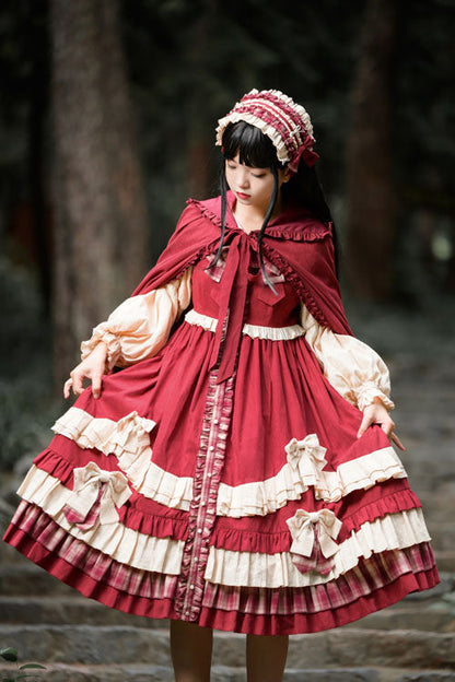 Sweet Lolita OP Dress - Little Red Riding Hood Lapel, Red, High Waist, Ruffled, Bow Detail - additional product view 6