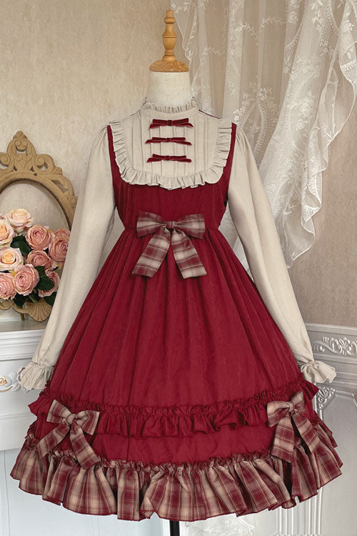 Sweet Lolita OP Dress - Little Red Riding Hood Lapel, Red, High Waist, Ruffled, Bow Detail - S Red-Version 2 / M Red-Version 2 / L Red-Version 2 option