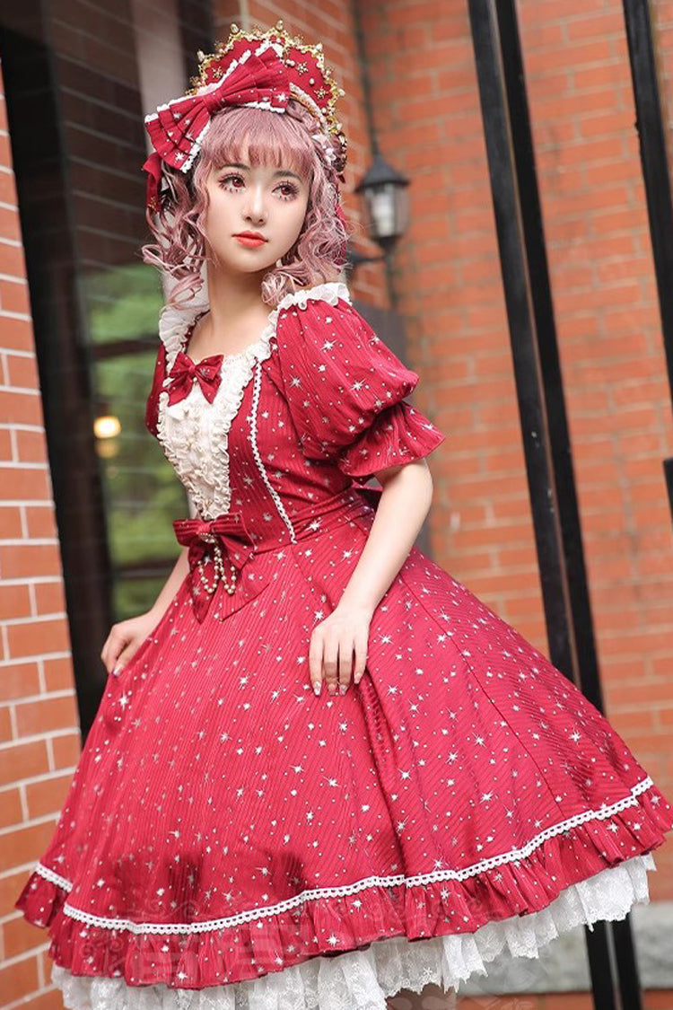 Sweet Lolita OP Dress - Midsummer Galaxy Shiny Star, 2 Colors, Bow Detail, Ruffled - additional product view 3