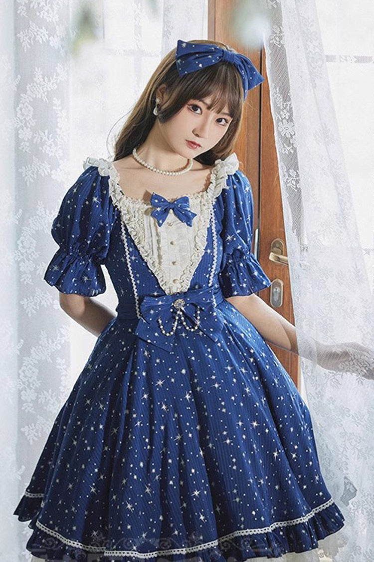 Sweet Lolita OP Dress - Midsummer Galaxy Shiny Star, 2 Colors, Bow Detail, Ruffled - additional product view 4