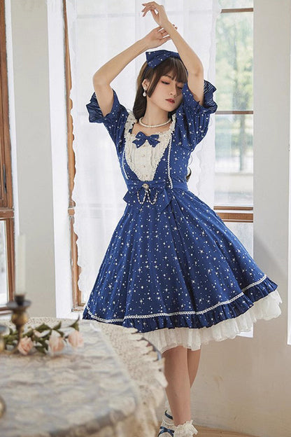 Sweet Lolita OP Dress - Midsummer Galaxy Shiny Star, 2 Colors, Bow Detail, Ruffled - additional product view 6