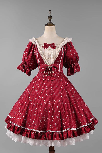 Sweet Lolita OP Dress - Midsummer Galaxy Shiny Star, 2 Colors, Bow Detail, Ruffled - main product image