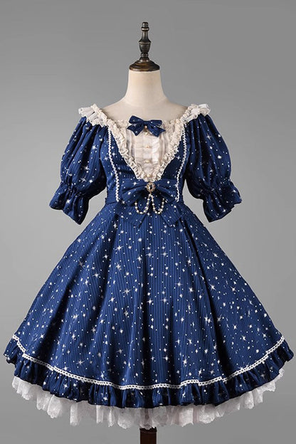 Sweet Lolita OP Dress - Midsummer Galaxy Shiny Star, 2 Colors, Bow Detail, Ruffled - XS Dark Blue / S Dark Blue / M Dark Blue option