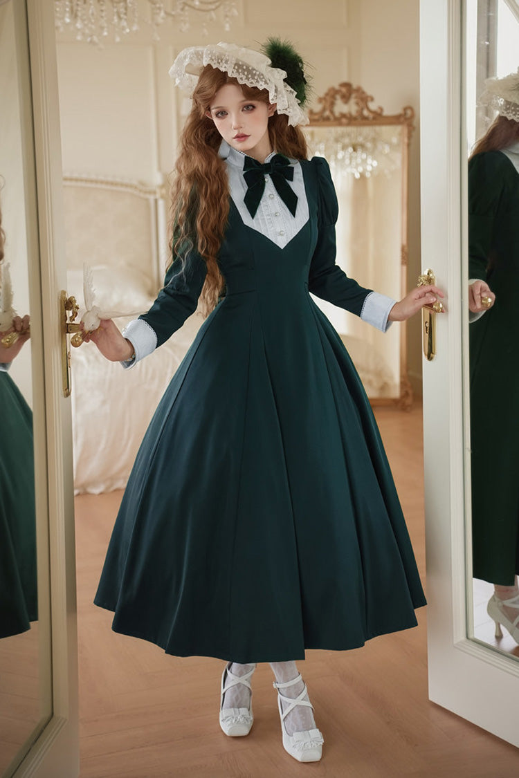 Sweet Lolita OP Dress - Miss Donya, Green, Stand Collar, Gothic Style, Bow Detail - additional product view 4