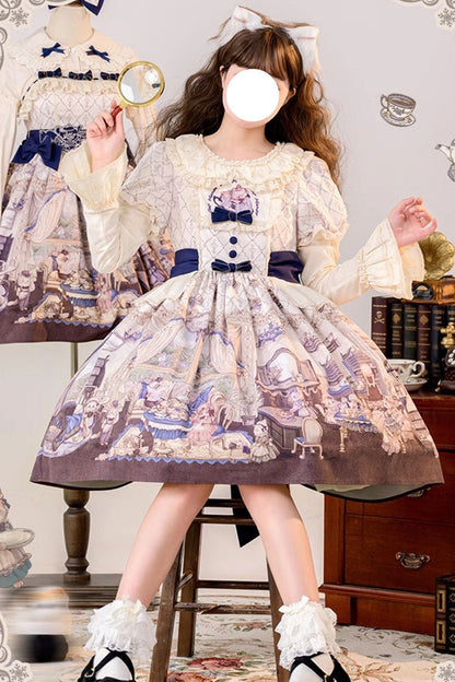 Sweet Lolita OP Dress - Multi-Color, Bow Detail, Printed, Embroidered - main product image