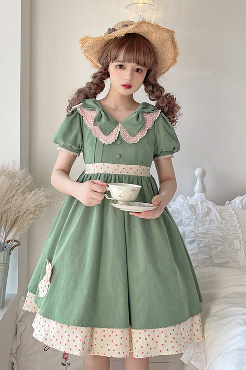 Sweet Lolita OP Dress - Peter Pan Collar Bowknot, Green, Bow Detail - additional product view 3