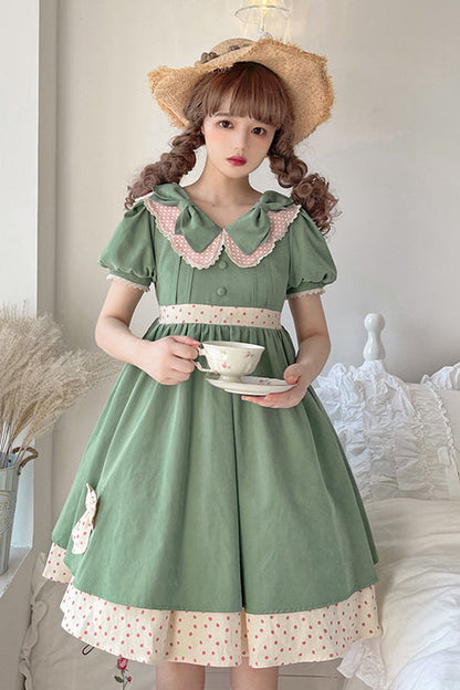 Sweet Lolita OP Dress - Peter Pan Collar Bowknot, Green, Bow Detail - additional product view 3