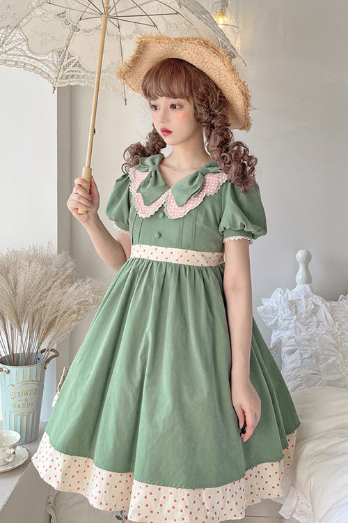 Sweet Lolita OP Dress - Peter Pan Collar Bowknot, Green, Bow Detail - additional product view 4