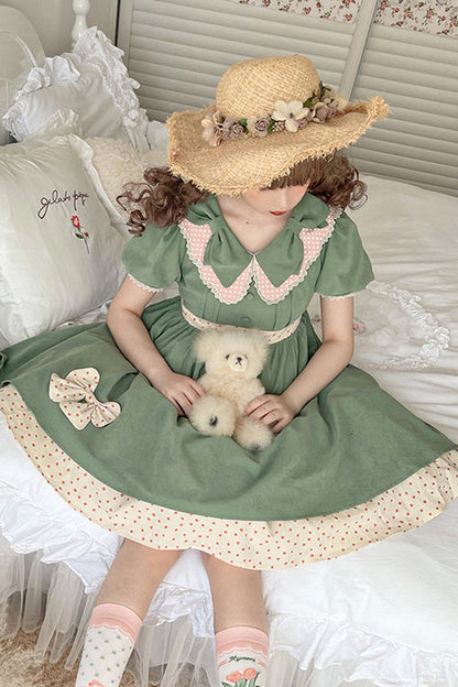 Sweet Lolita OP Dress - Peter Pan Collar Bowknot, Green, Bow Detail - additional product view 5