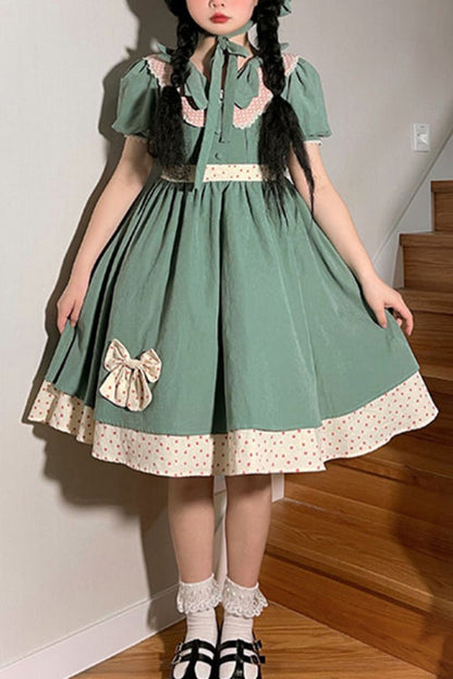 Sweet Lolita OP Dress - Peter Pan Collar Bowknot, Green, Bow Detail - main product image