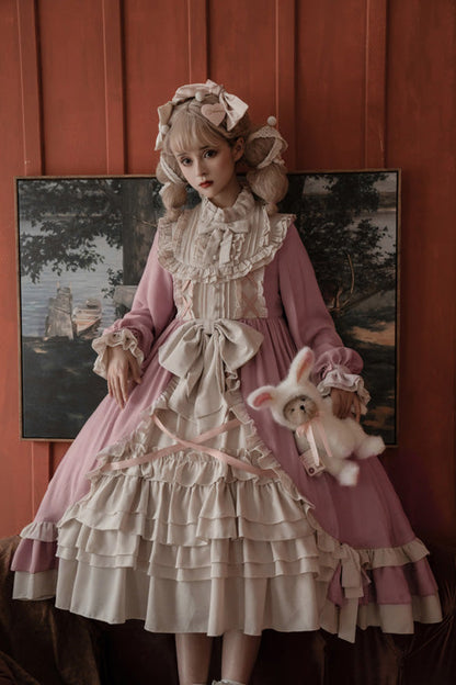 Sweet Lolita OP Dress - Round Collar Bowknot Multi-layer, Pink, Bow Detail, Ruffled - additional product view 2