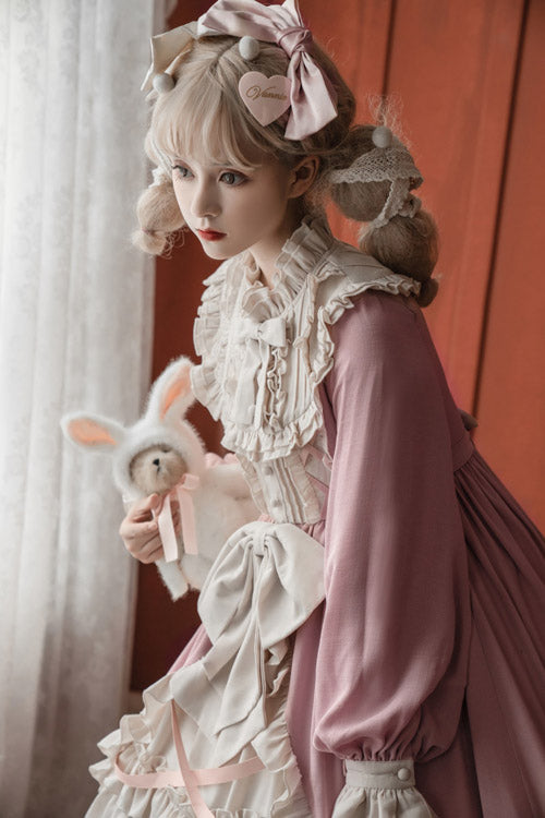 Sweet Lolita OP Dress - Round Collar Bowknot Multi-layer, Pink, Bow Detail, Ruffled - additional product view 3