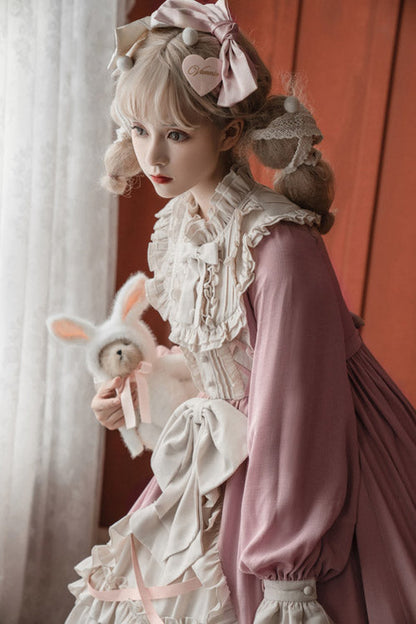 Sweet Lolita OP Dress - Round Collar Bowknot Multi-layer, Pink, Bow Detail, Ruffled - additional product view 3