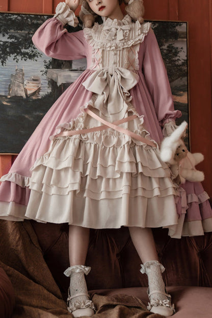Sweet Lolita OP Dress - Round Collar Bowknot Multi-layer, Pink, Bow Detail, Ruffled - main product image