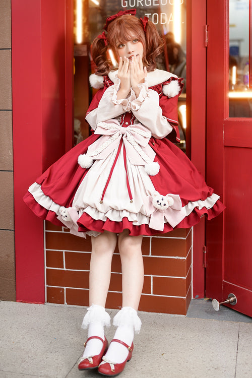 Sweet Lolita OP Dress - Round Collar Ruffled Lantern, Red - Complete Lolita Coordinate - additional product view 2