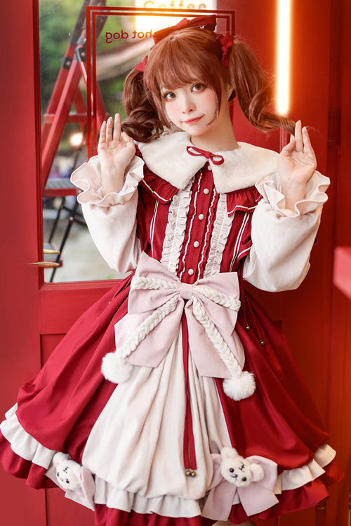 Sweet Lolita OP Dress - Round Collar Ruffled Lantern, Red - Complete Lolita Coordinate - additional product view 3
