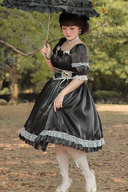 Sweet Lolita OP Dress - Square Collar Lace High, 4 Colors, Square Collar, Plus Size - M Black / XL Black option