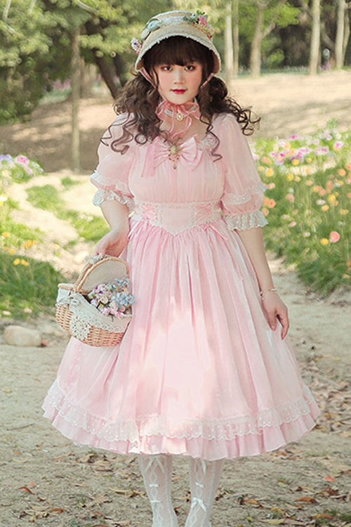 Sweet Lolita OP Dress - Square Collar Lace High, 4 Colors, Square Collar, Plus Size - M Pink / XL Pink option