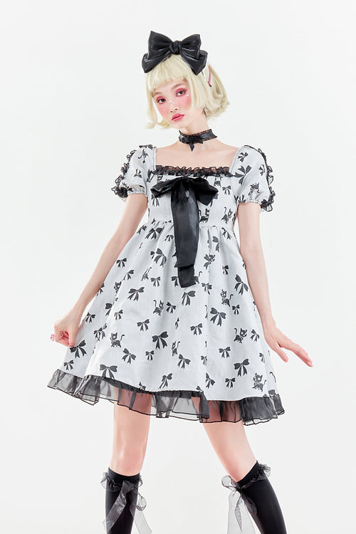 Sweet Lolita OP Dress - Square Neckline Butterfly Print, White, Square Collar, Ruffled - additional product view 2