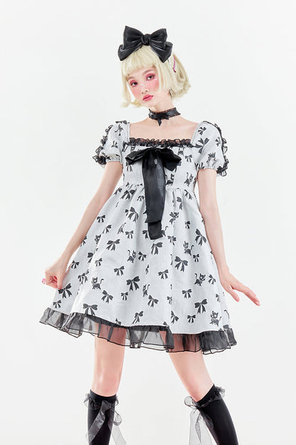 Sweet Lolita OP Dress - Square Neckline Butterfly Print, White, Square Collar, Ruffled - additional product view 2