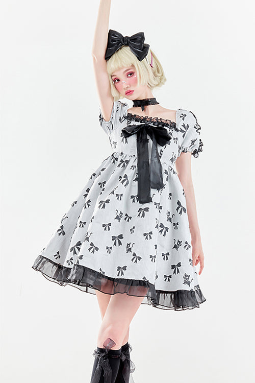 Sweet Lolita OP Dress - Square Neckline Butterfly Print, White, Square Collar, Ruffled - additional product view 3