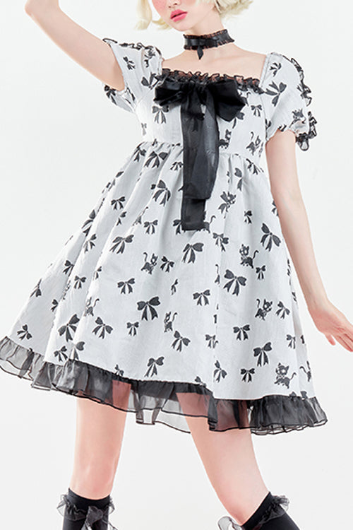 Sweet Lolita OP Dress - Square Neckline Butterfly Print, White, Square Collar, Ruffled - main product image