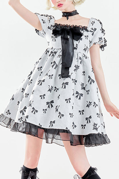 Sweet Lolita OP Dress - Square Neckline Butterfly Print, White, Square Collar, Ruffled - main product image