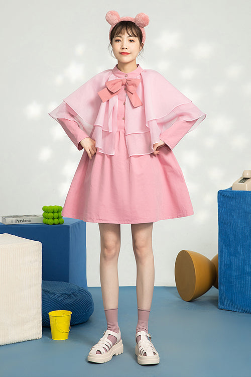 Sweet Lolita OP Dress - Stand Collar Bow Organza, Pink, Stand Collar, Bow Detail, Ruffled - additional product view 2