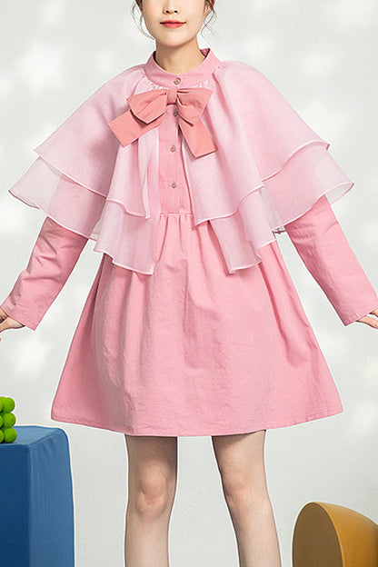 Sweet Lolita OP Dress - Stand Collar Bow Organza, Pink, Stand Collar, Bow Detail, Ruffled - main product image