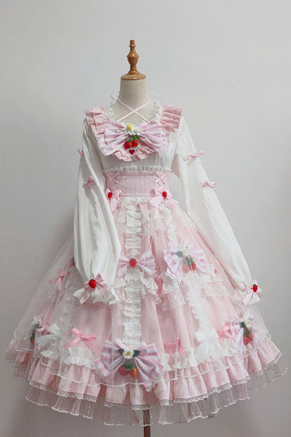 Sweet Lolita OP Dress - Strawberry, Pink, Ruffled, Long Sleeves, Bow Detail - additional product view 2