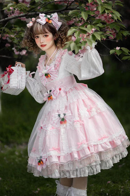 Sweet Lolita OP Dress - Strawberry, Pink, Ruffled, Long Sleeves, Bow Detail - additional product view 3