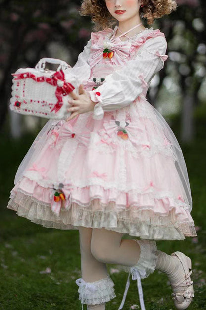Sweet Lolita OP Dress - Strawberry, Pink, Ruffled, Long Sleeves, Bow Detail - main product image